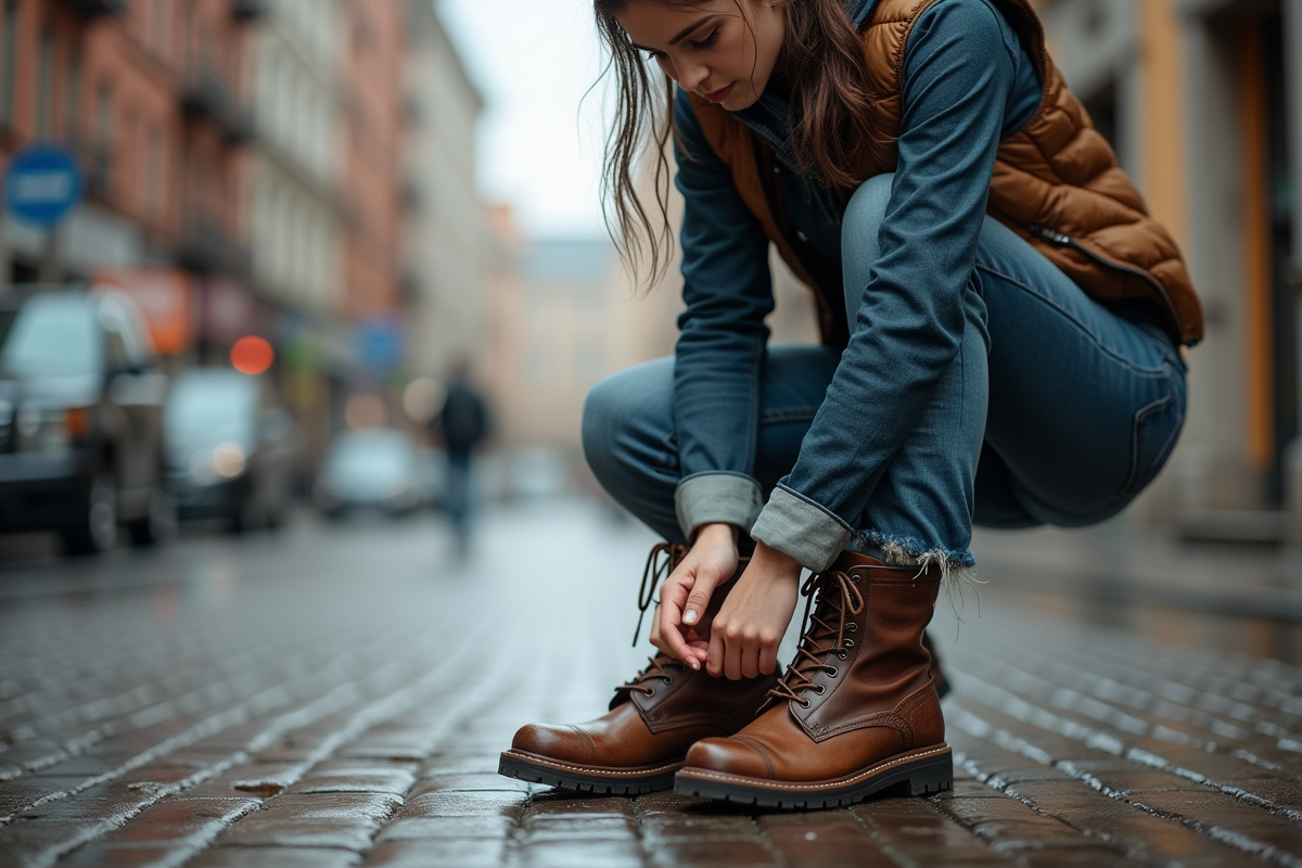Jeune femme attachant ses chaussures de ville sous la pluie