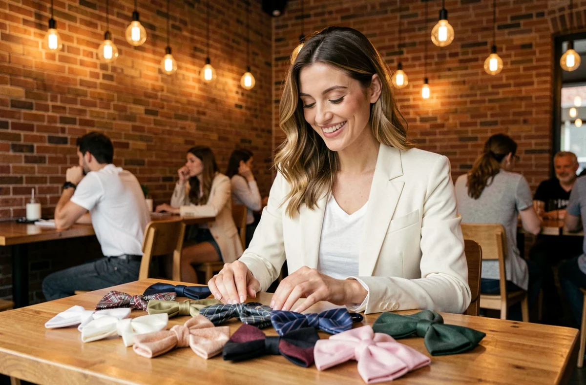 Femme élégante choisissant un noeud papillon original dans un café parisien avec plusieurs modèles étalés sur la table