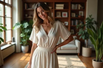 Femme confiante en robe élégante dans un salon lumineux