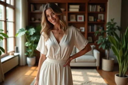 Femme confiante en robe &eacute;l&eacute;gante dans un salon lumineux