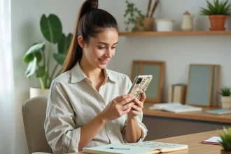 Jeune femme tenant un smartphone avec une coque originale à motifs botaniques dans un bureau scandinave en bois