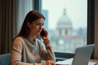 Femme en pull Damart contactant le service client depuis l'étranger avec un smartphone et un ordinateur portable
