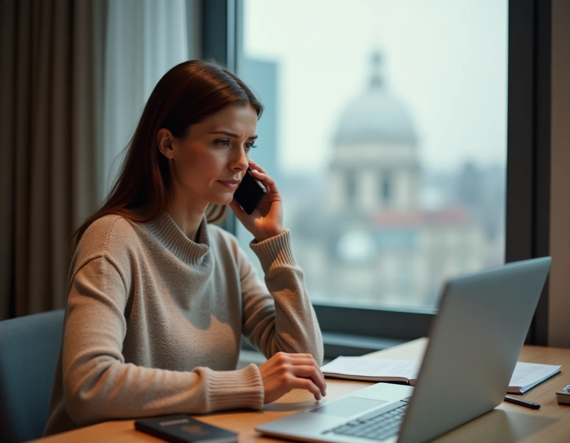 Femme en pull Damart contactant le service client depuis l'étranger avec un smartphone et un ordinateur portable