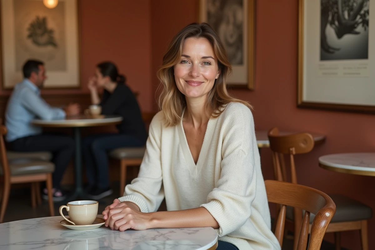 Femme détendue en pull GRAIN d3 Malice ivoire dans un café parisien, incarnant le confort chic pour les femmes actives