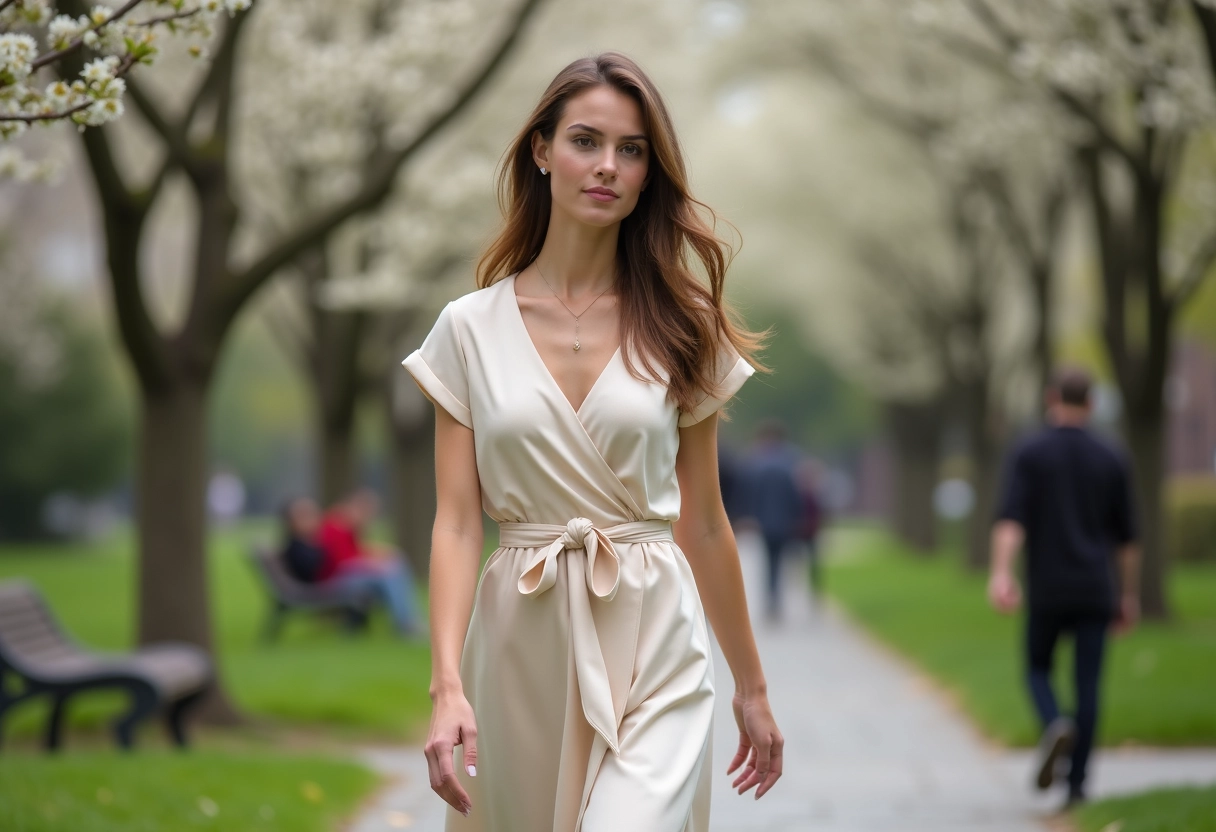Femme en robe fluide marchant dans un parc urbain