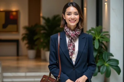 Femme élégante en blazer bleu dans un lobby chic