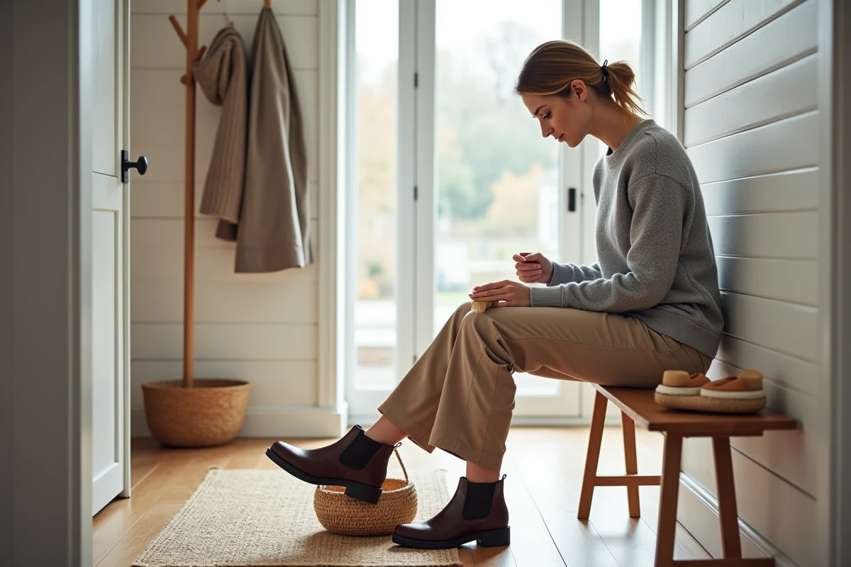 Jeune femme entretenant ses bottines en cuir marron avec une brosse à chaussures dans un couloir d'entrée de style scandinave