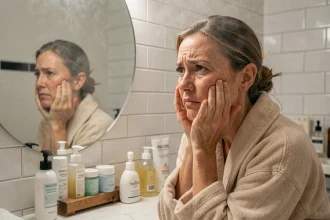 Femme d'une quarantaine d'années examinant sa peau dans un miroir de salle de bain, entourée de produits cosmétiques, illustrant un regard critique sur les résultats avant/après