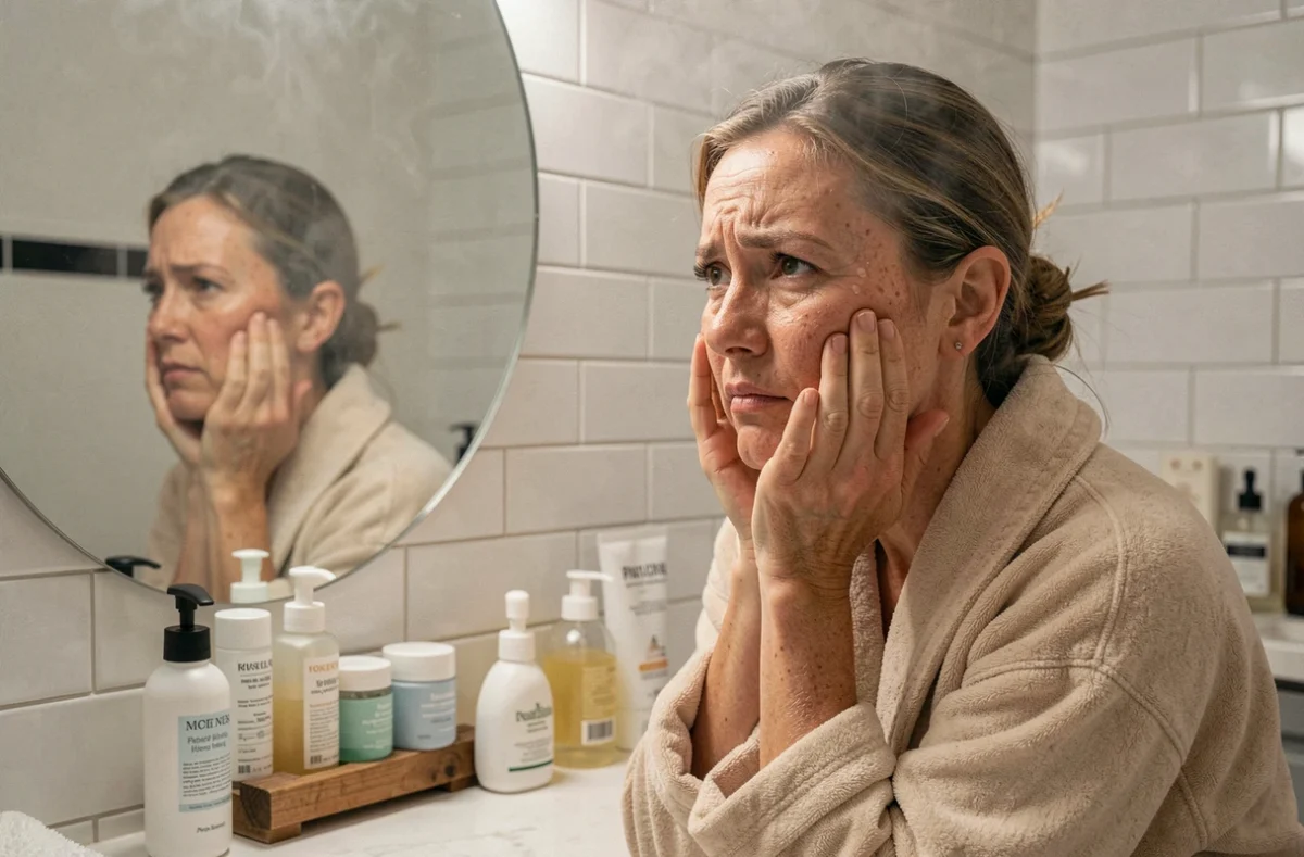 Femme d'une quarantaine d'années examinant sa peau dans un miroir de salle de bain, entourée de produits cosmétiques, illustrant un regard critique sur les résultats avant/après