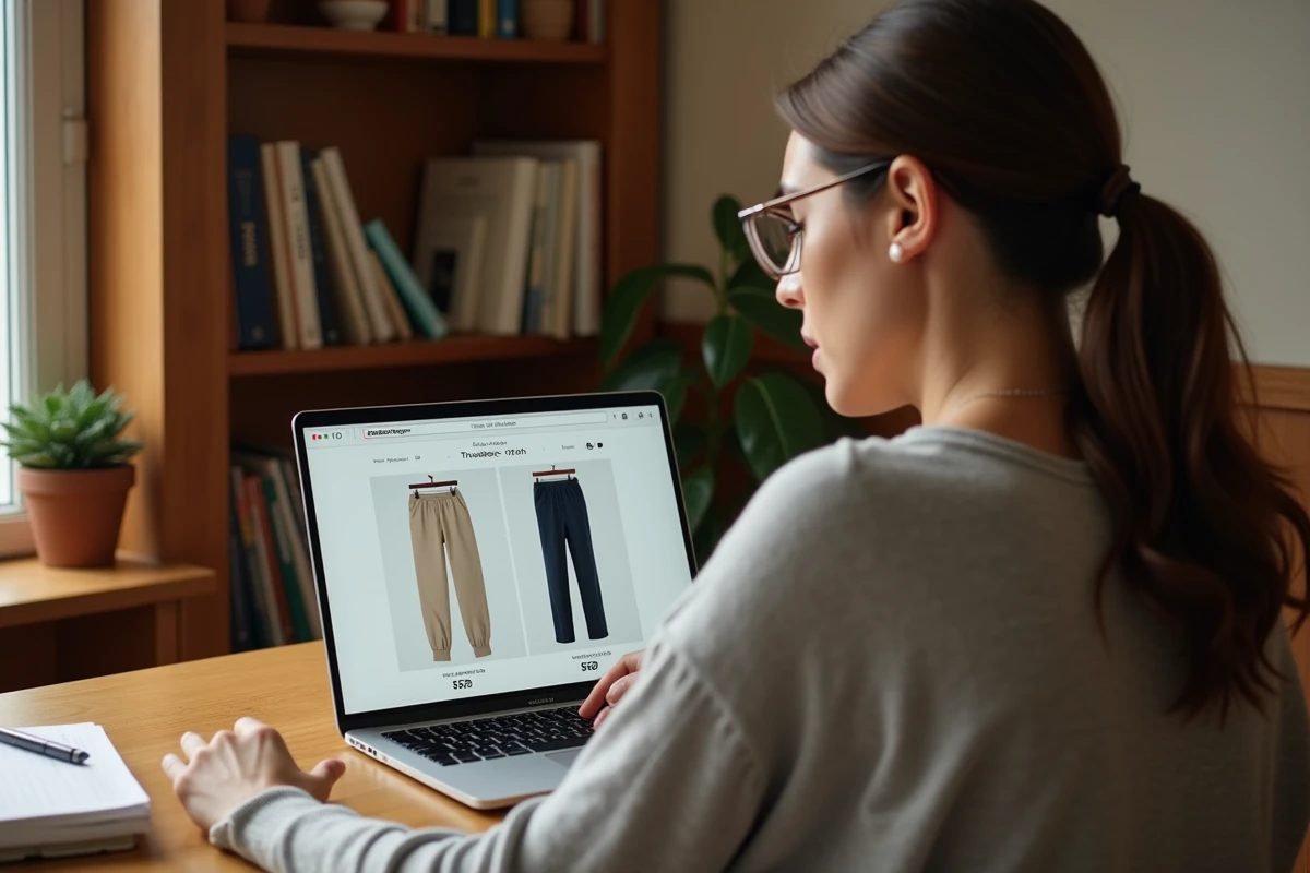 Femme consultant un guide des tailles de pantalon en ligne depuis son bureau à domicile