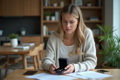 Femme regarde un collier en bijoux dans un int&eacute;rieur moderne