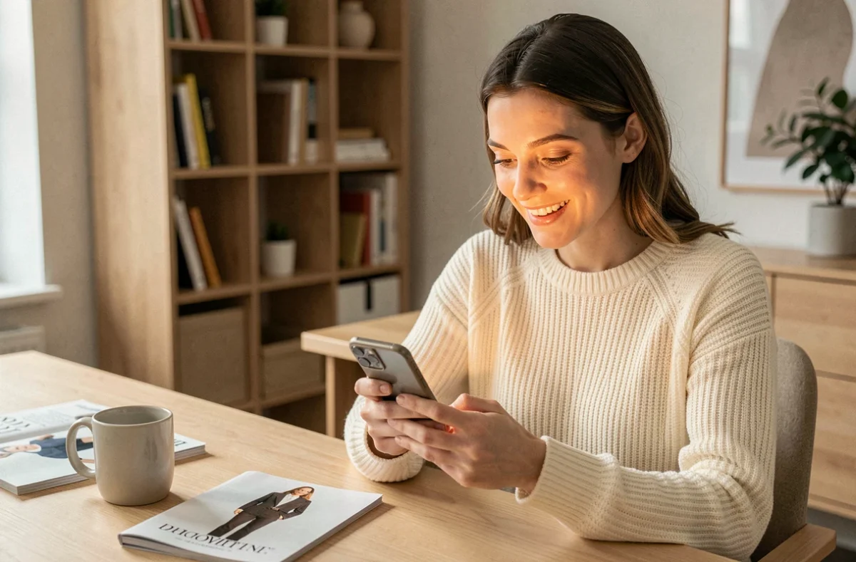 Femme consultant son smartphone pour recevoir des invitations aux ventes privées 2026 en avant-première