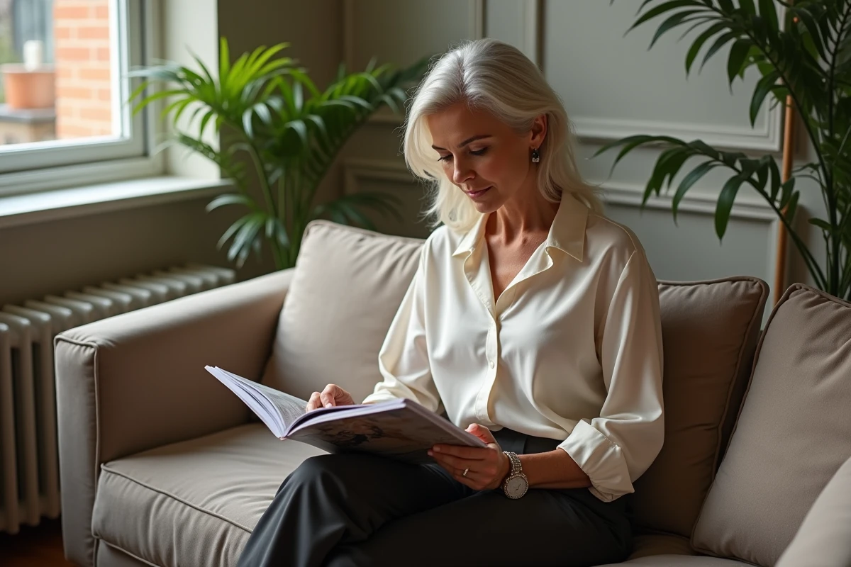 Femme confiante lisant magazine dans un loft lumineux