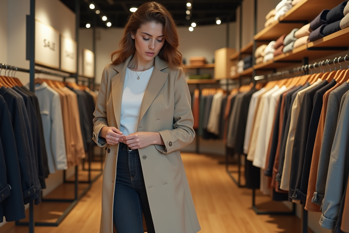 Femme élégante en trench beige dans un magasin de vêtements