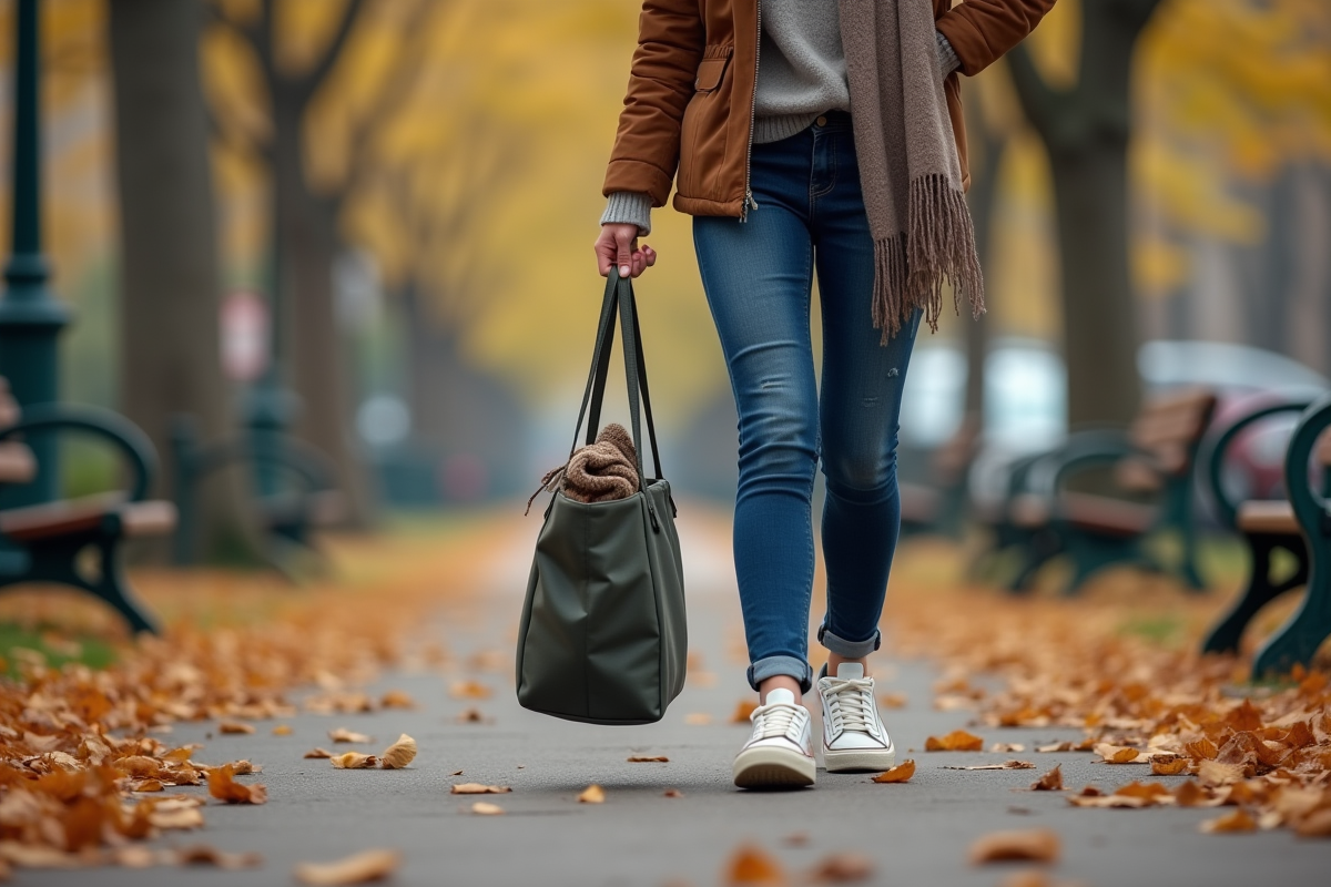 Jeune femme marchant dans un parc urbain avec des chaussures usées et neuves