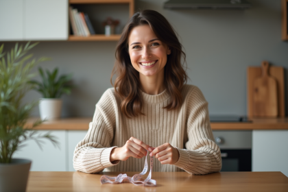 Femme mesurant son doigt avec un ruban dans la cuisine