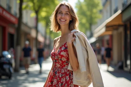 Femme &eacute;l&eacute;gante en robe &agrave; Paris avec veste coton