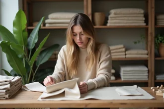Jeune femme en mode durable examine des échantillons de tissu
