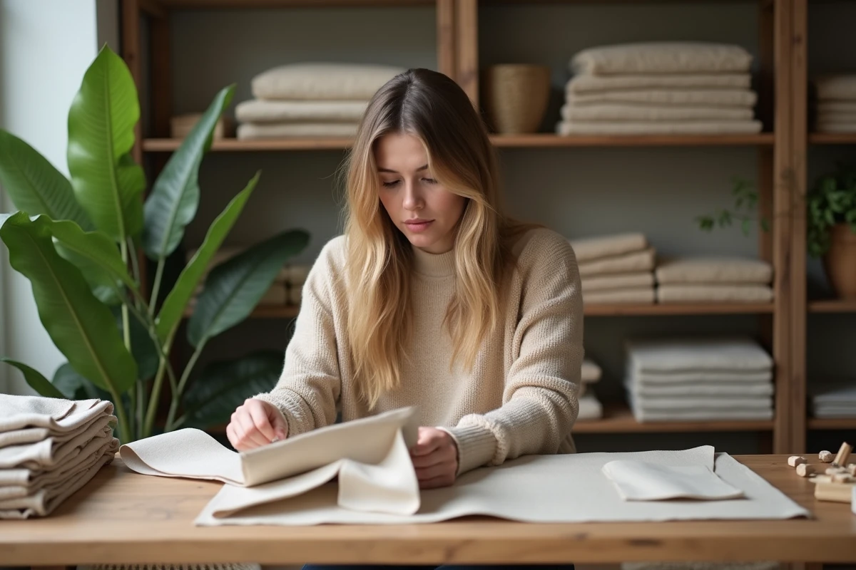 Jeune femme en mode durable examine des échantillons de tissu