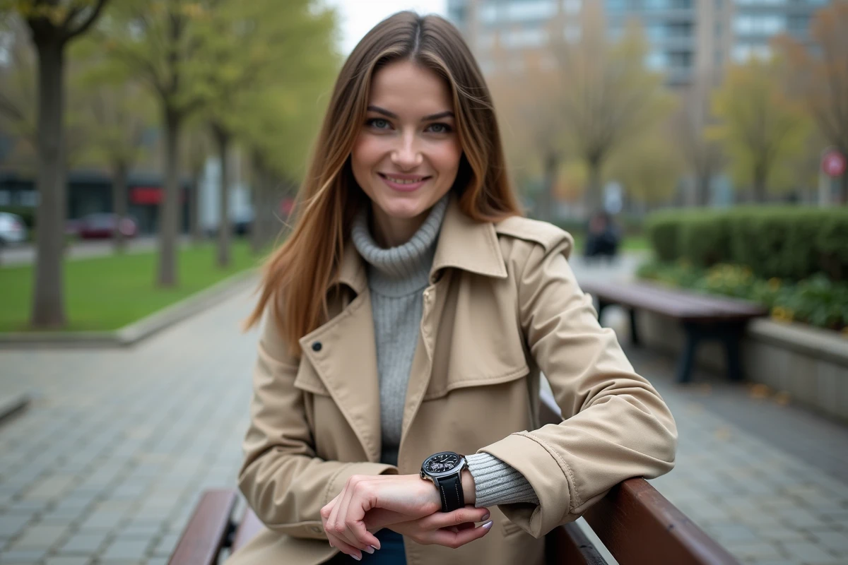 Femme jeune ajustant sa montre dans un parc urbain