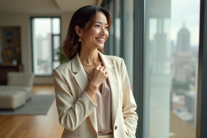 Femme &eacute;l&eacute;gante en blazer cr&egrave;me et coupe mullet