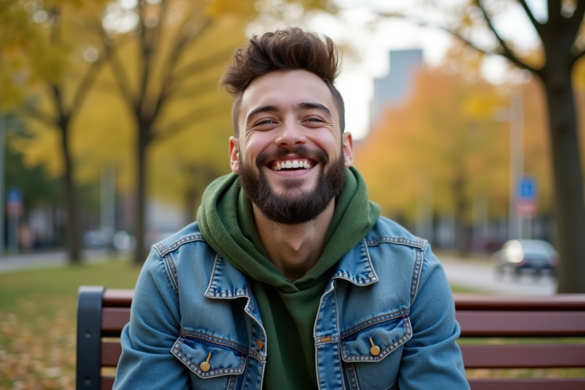 Jeune femme avec barbe souriante dans un parc en automne