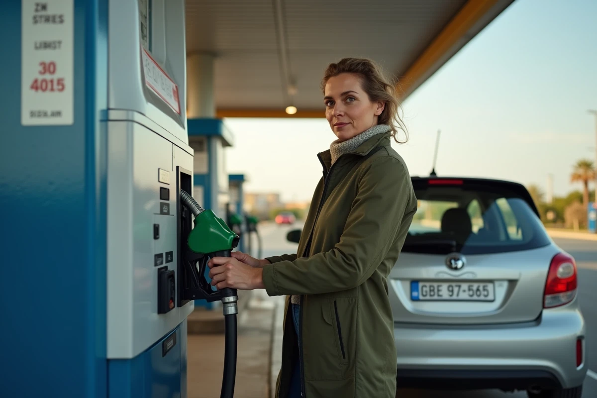 Femme faisant le plein à une station-service moderne près de Dancharia, pompe à carburant en gros plan