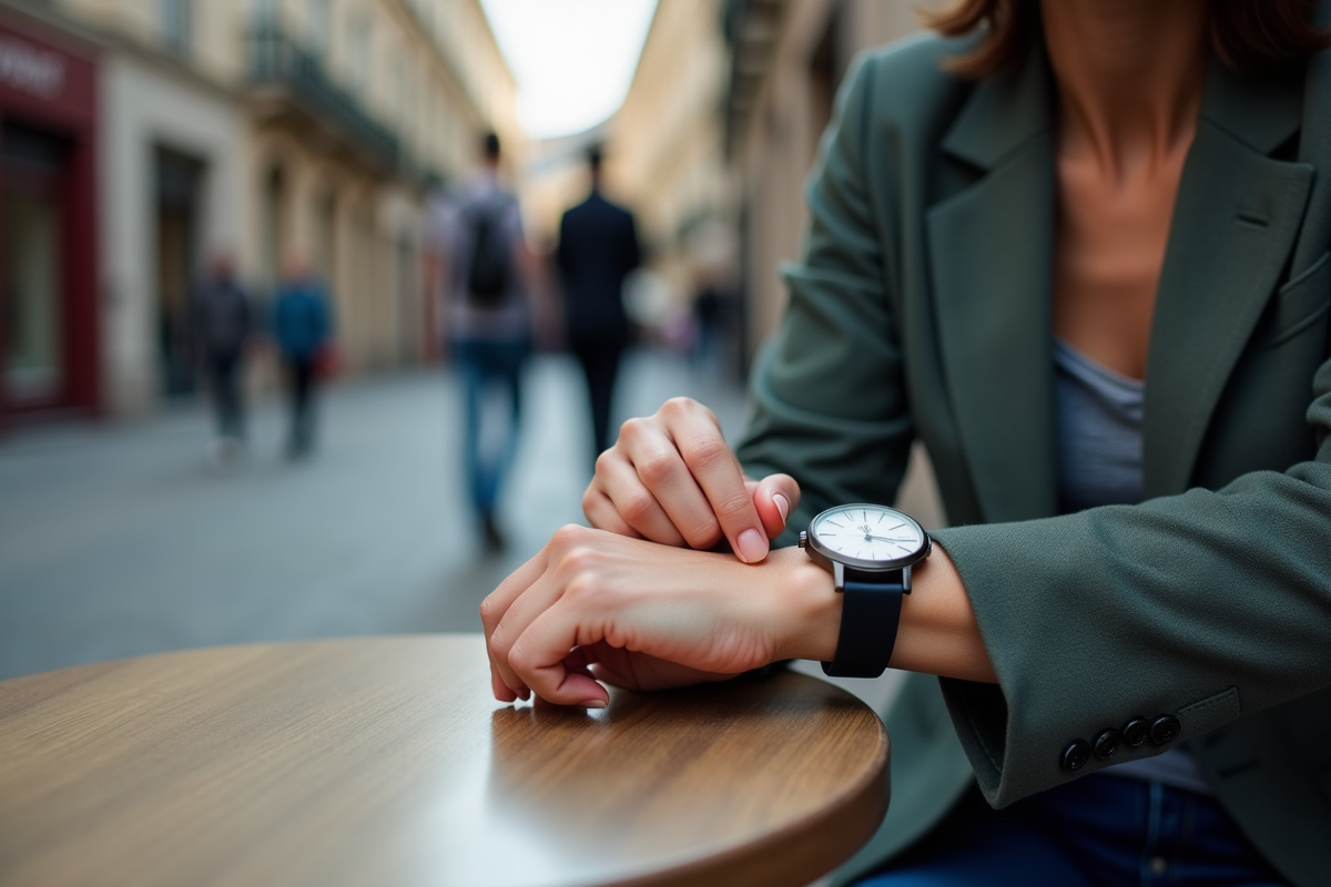 Femme en extérieur ajustant sa montre à un café urbain