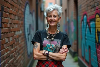 Femme âgée en style punk dans une rue urbaine
