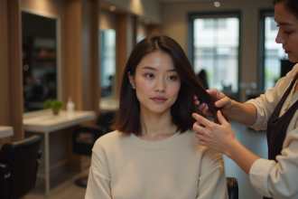 Femme dans un salon de coiffure regardant son reflet