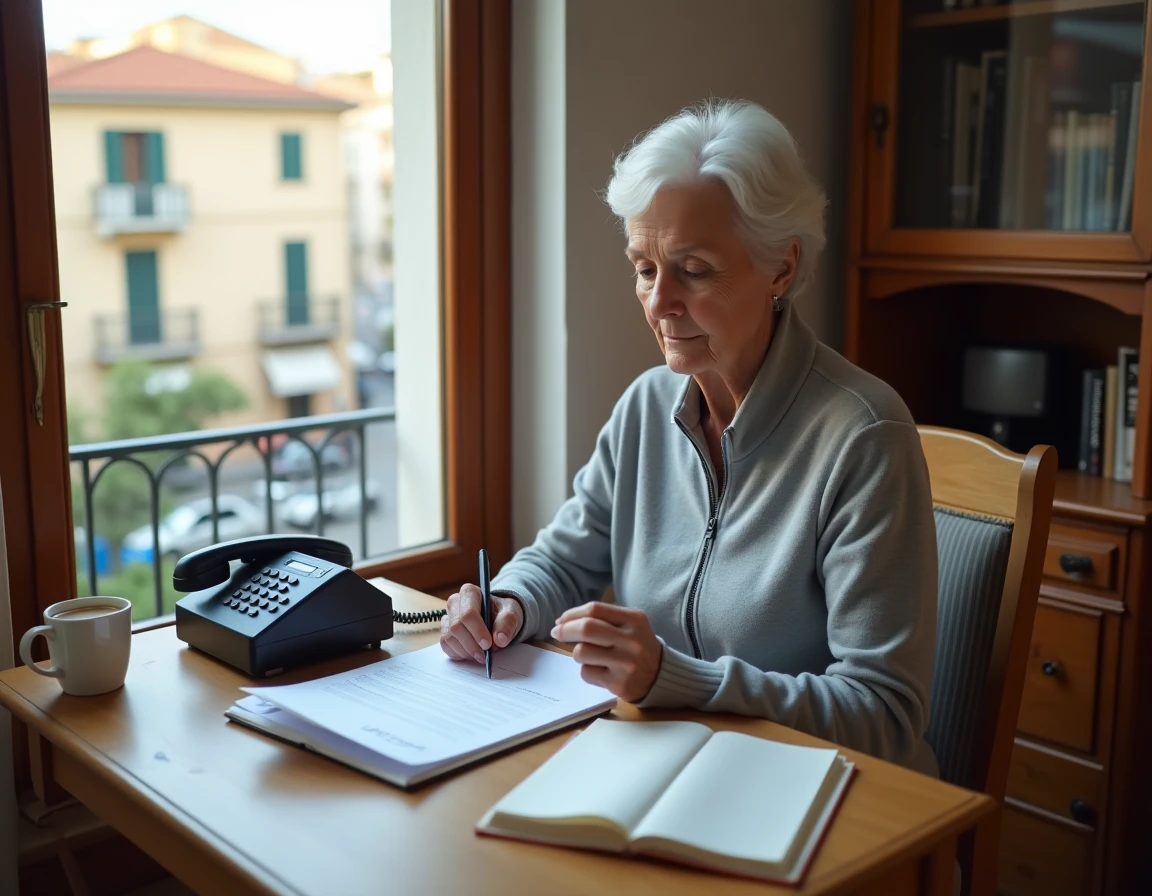 Femme senior en cardigan Damart consultant une fiche contact pour joindre le service client depuis une location de vacances à l'étranger