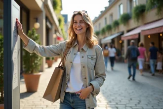 Femme souriante avec sac de shopping au Village des Marques Miramas