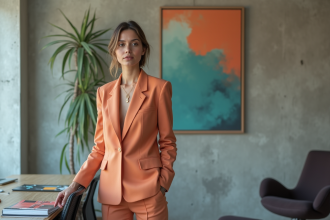 Femme en tailleur dans un bureau moderne en Pantone 2025