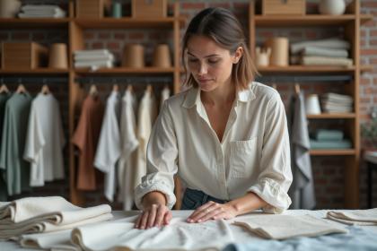 Femme examinant des échantillons de coton bio dans un atelier textile