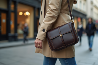 Femme urbaine portant trench beige et sac en cuir