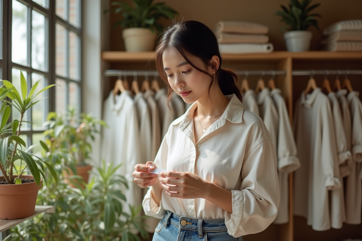 Jeune femme inspectant une étiquette de vêtement dans une boutique