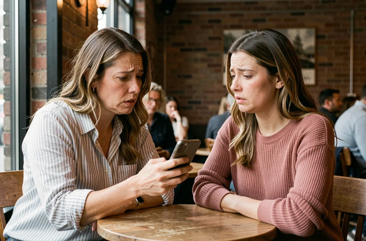 Deux femmes dans un café discutant d'un avis négatif sur un produit cosmétique affiché sur un smartphone, illustrant le bouche-à-oreille et le partage d'expériences consommateurs