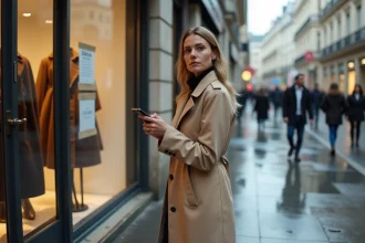 Femme devant un magasin Zara fermé tenant son smartphone pour faire ses achats en ligne