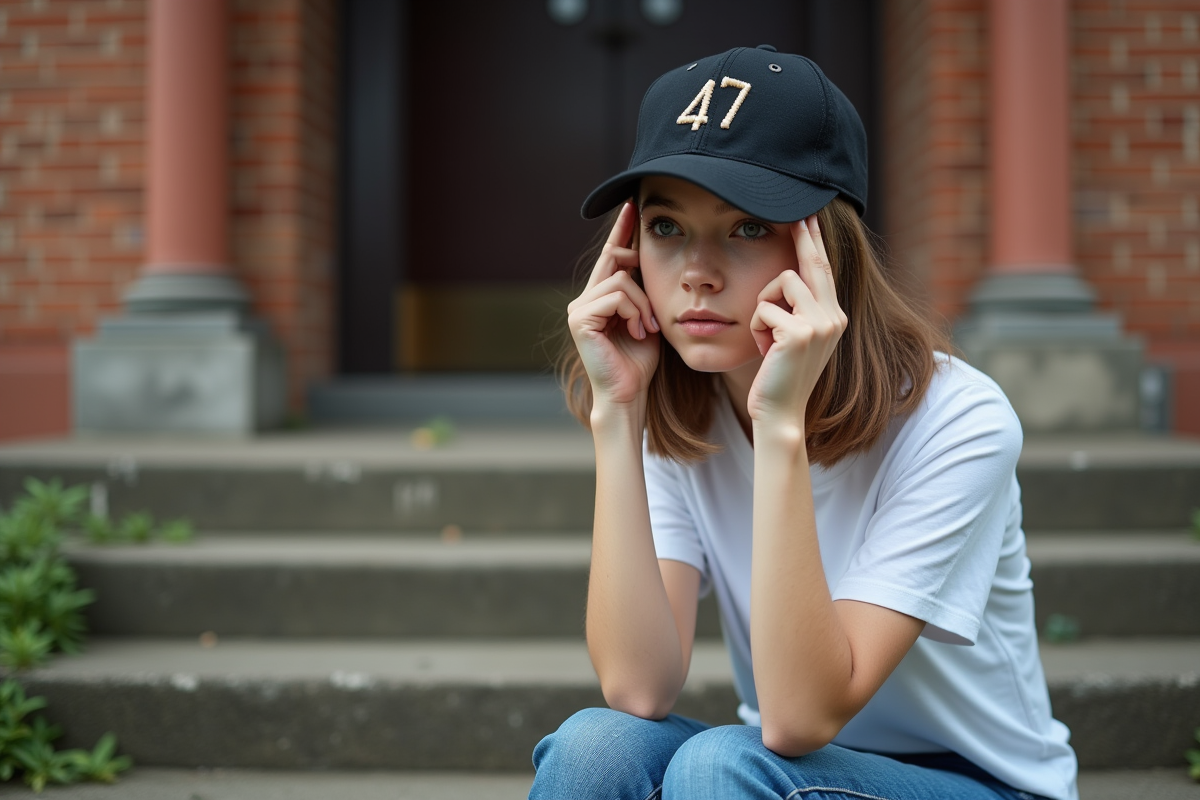 Fille en t-shirt blanc et casquette 47 sur escaliers