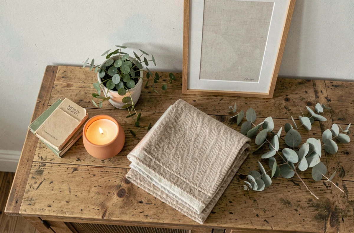Flat lay cosy sur un meuble en chêne avec une bougie terracotta, un plaid en laine, des livres et une plante en céramique artisanale