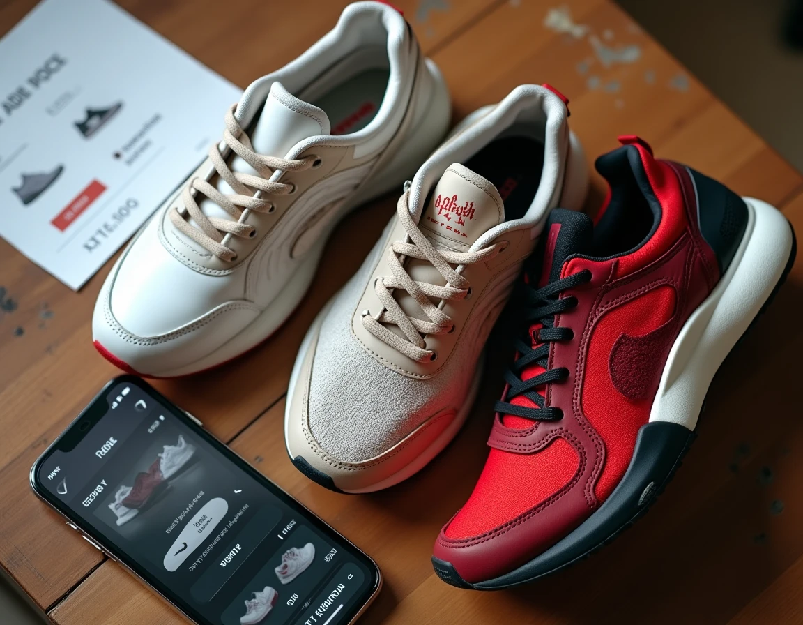 Flat lay de plusieurs paires de sneakers tendance avec un smartphone affichant une appli de revente