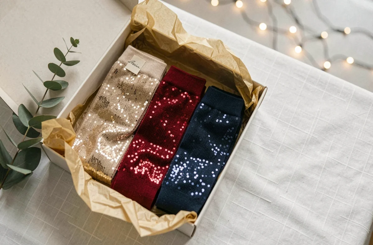 Flatlay d'un coffret cadeau ouvert avec trois paires de chaussettes à paillettes colorées sur fond de lin blanc