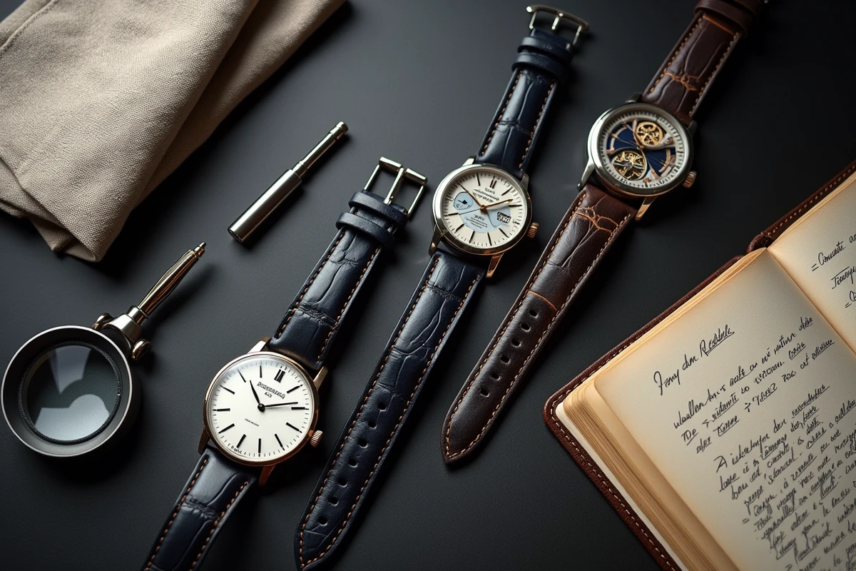 Flatlay de montres de luxe Richemont sur ardoise avec loupe et carnet de collectionneur