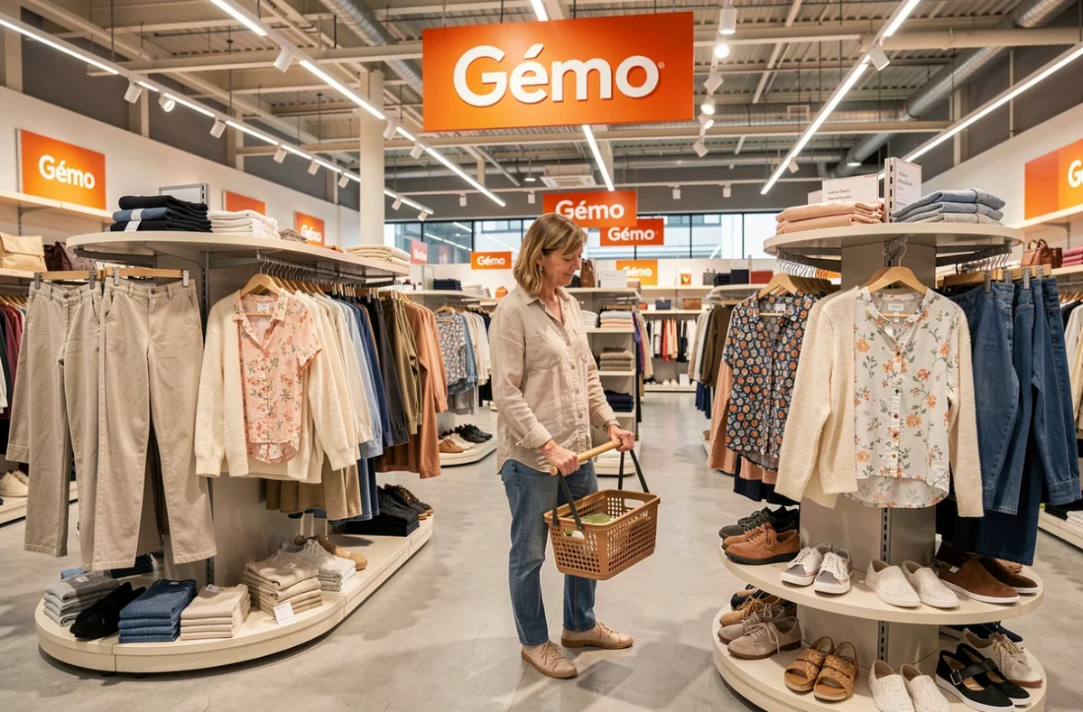 Femme faisant ses courses vestimentaires dans un magasin Gémo spacieux aux rayons de prêt-à-porter féminin bien organisés