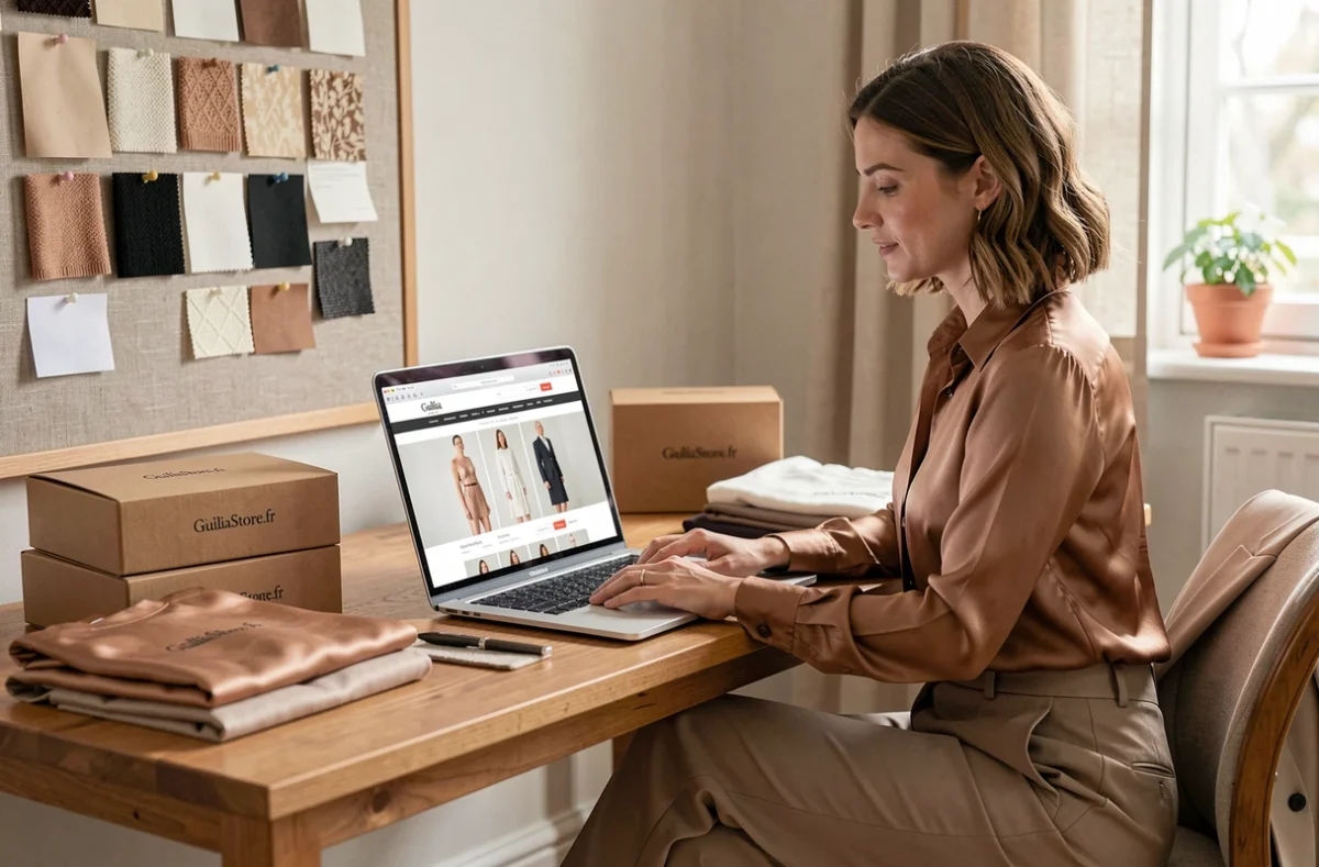Femme élégante en tenue italienne contemporaine devant un ordinateur affichant le site e-commerce GiuliaStore.fr, entourée de vêtements et d'emballages de marque
