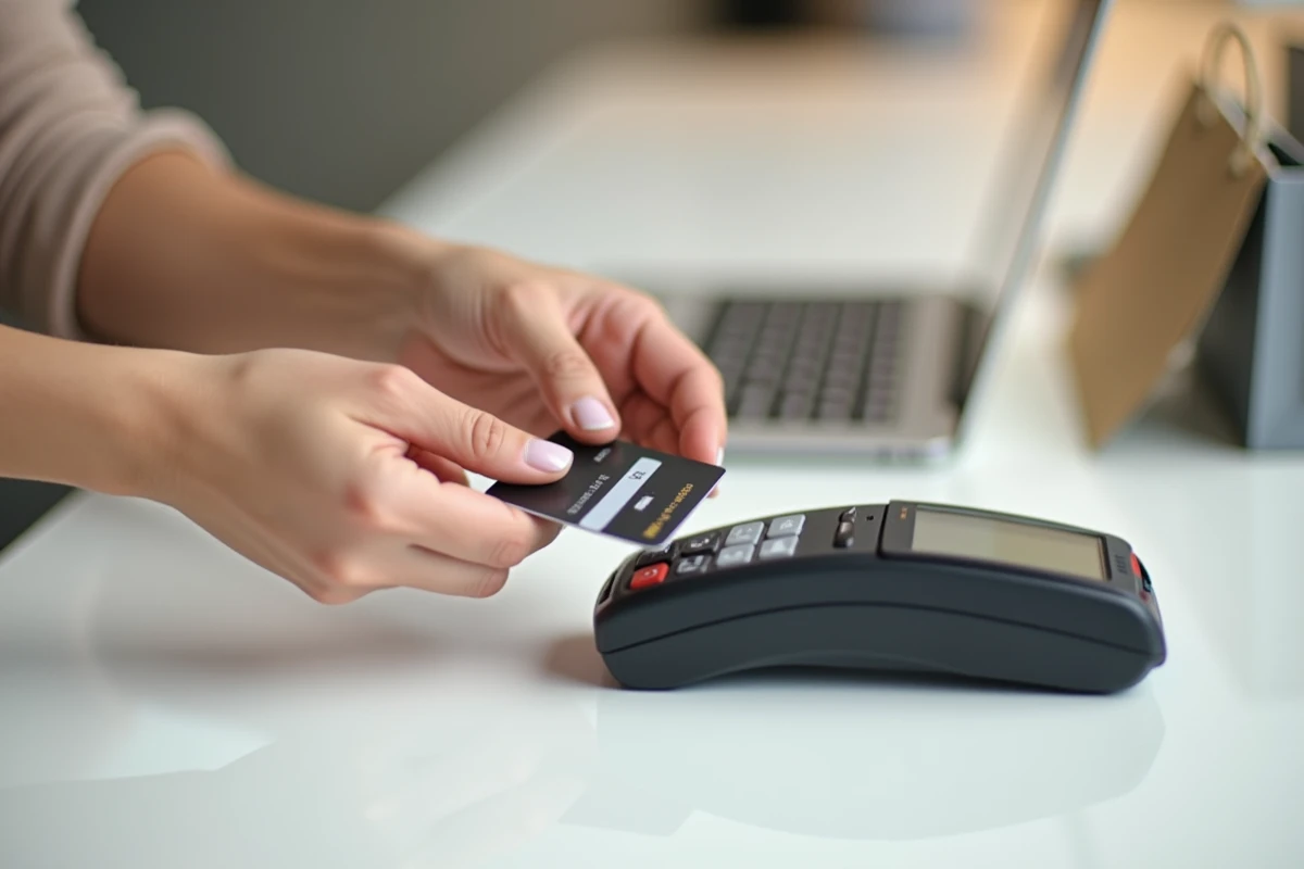 Gros plan sur des mains effectuant un paiement sans contact sécurisé avec une carte bancaire sur un terminal de paiement