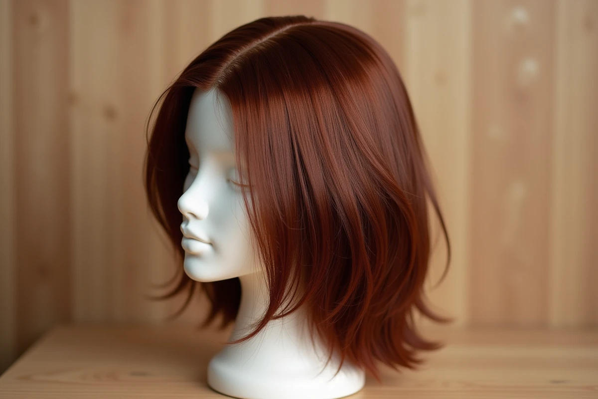 Gros plan d'une perruque coupe mulet auburn sur tête de mannequin mettant en valeur la qualité des fibres et le dégradé naturel