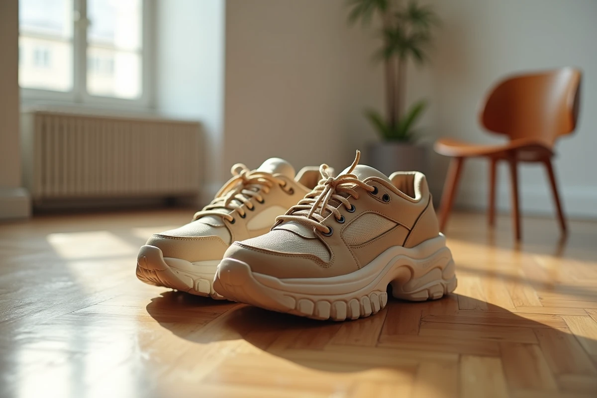 Gros plan de sneakers Balenciaga à semelles triples posées sur un parquet parisien, design volontairement exagéré et esthétique moche assumée
