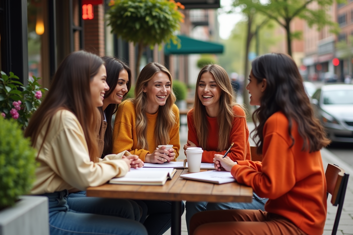 Groupe de jeunes au café urbain en Pantone 2025