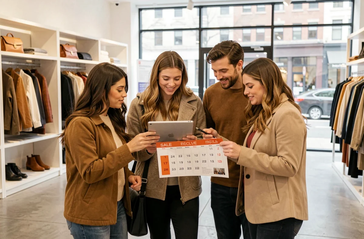 Groupe de personnes consultant les dates des ventes privées 2026 sur une tablette dans un magasin